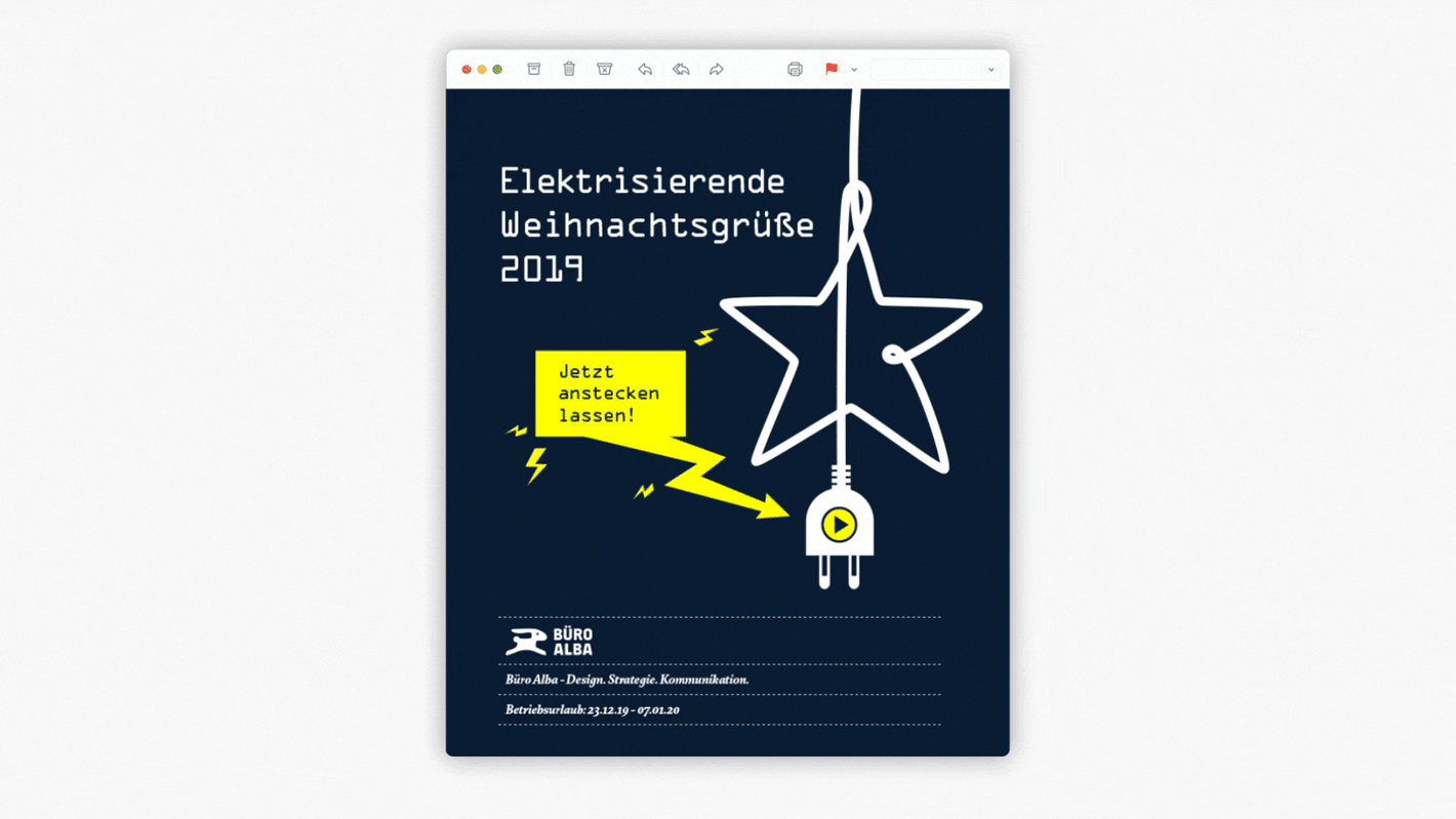 Digitales Mail Fenster mit Schriftzug: „Elektrisierende Weihnachtsgrüße 2019“. Ein Kabel ist zu einem Stern verformt und in einem blinkenden Pfeil steht „Jetzt anstecken lassen!“