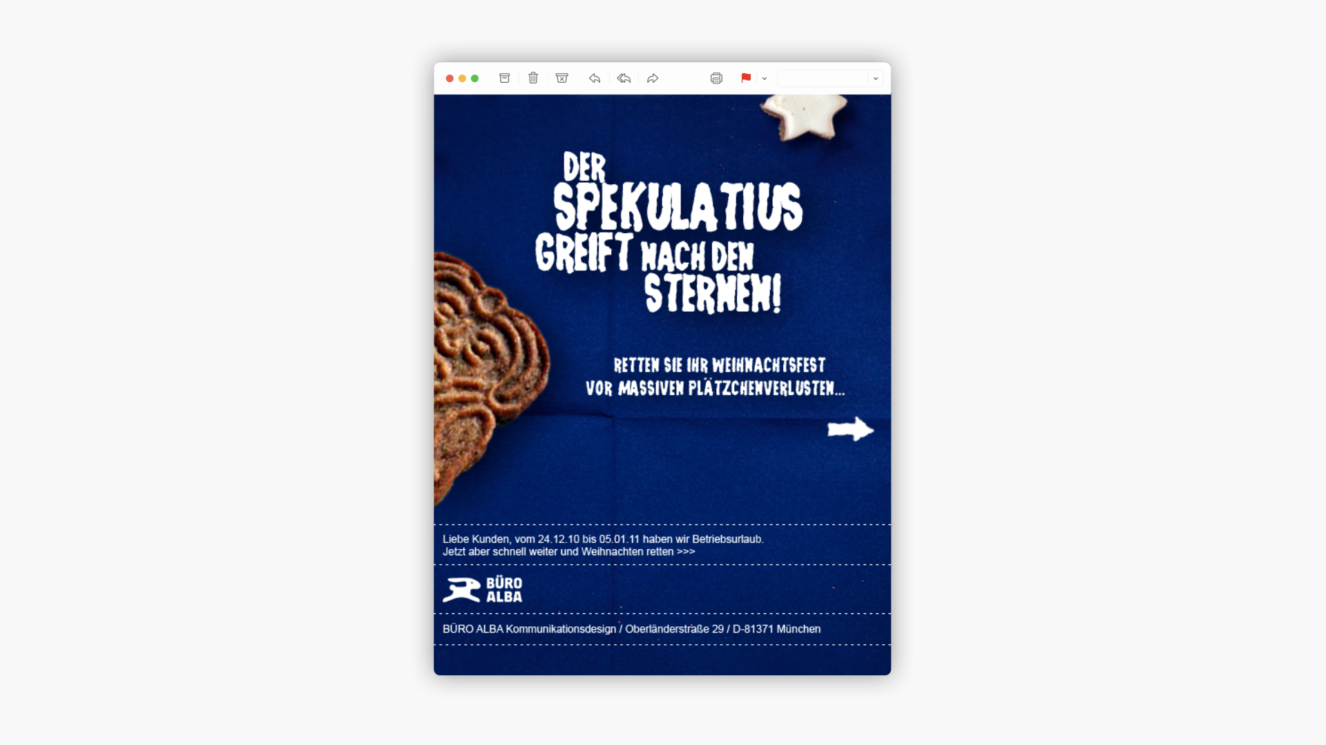 Digitales Mail Fenster mit Schriftzug: „Der Spekulatius greift nach den Sternen!“ und einem Plätzchen.