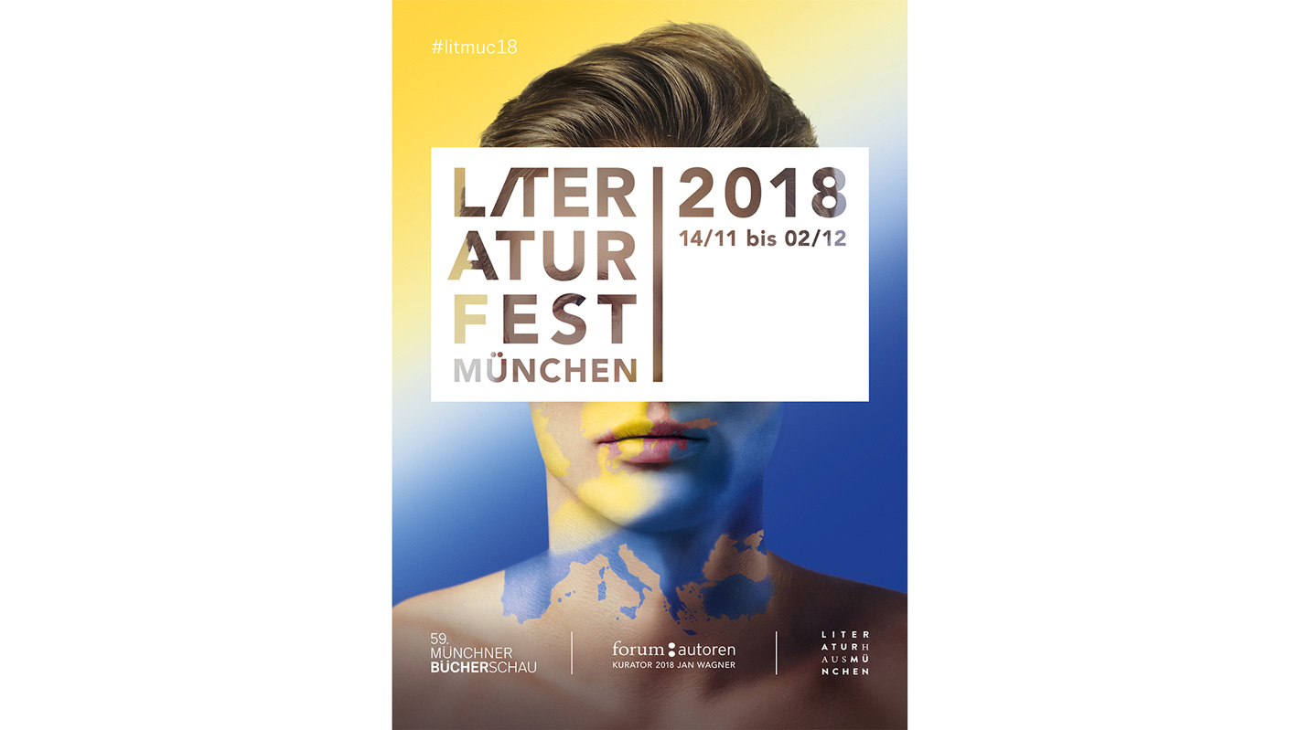 Plakat des Literaturfest 2018. Das Logo steht mittig über einem Foto eines jungen Manns, welcher mit blau-gelber Farbe angemalt ist.