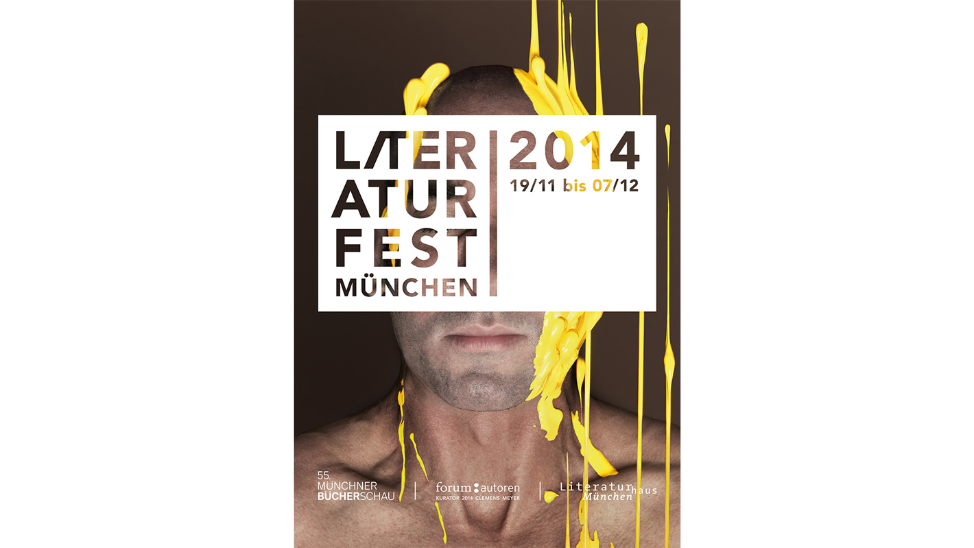 Plakat des Literaturfest 2014. Das Logo steht mittig über einem Foto eines Manns, welcher mit gelber Farbe bekleckert ist.