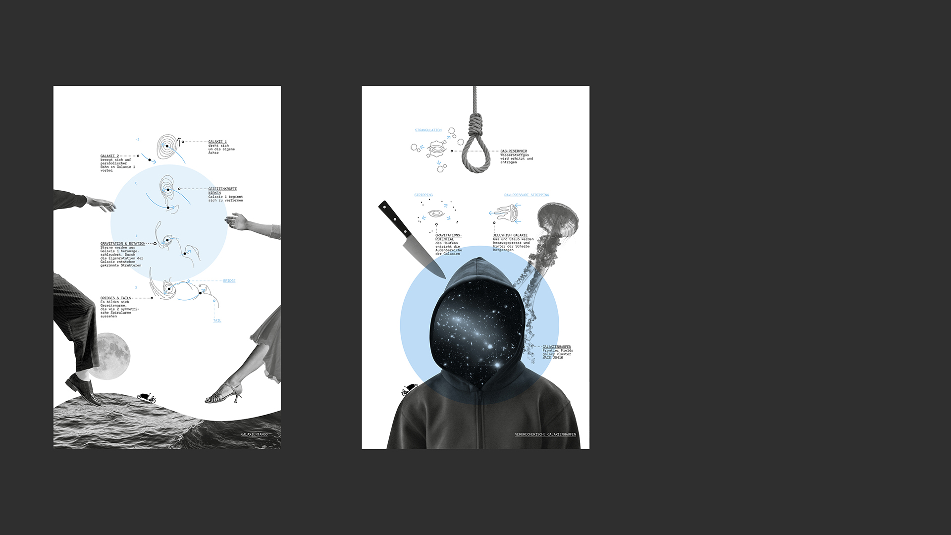 Auf der linken Infografik tanzen 2 Personen auf einem fremden Planeten. Auf der rechten Grafik ist eine Person im Kapuzenpulli, ein Messer, eine Qualle und ein Galgen zu sehen.