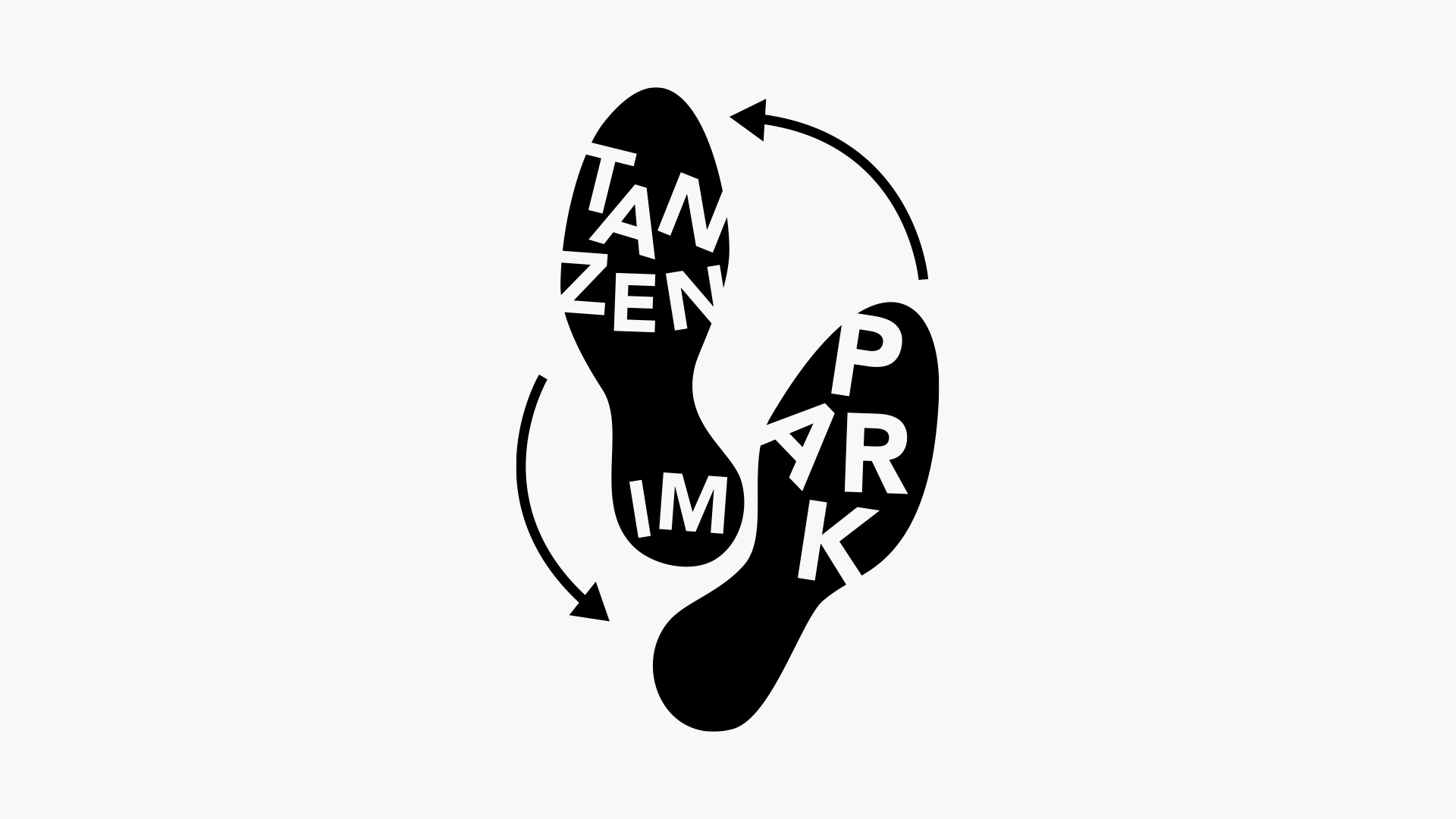 Abbildung des Logos. Zwei Schuhabdrücke mit dem Schriftzug „Tanzen im Park“ und zwei Pfeilen.