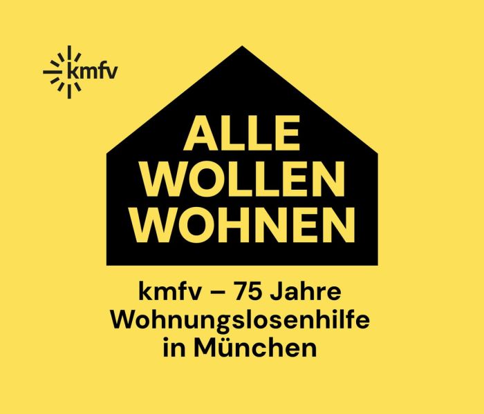 Logo der KMFV-Ausstellung „Alle wollen wohnen“ – 75 Jahre Wohnungslosenhilfe, Design von buero alba München.